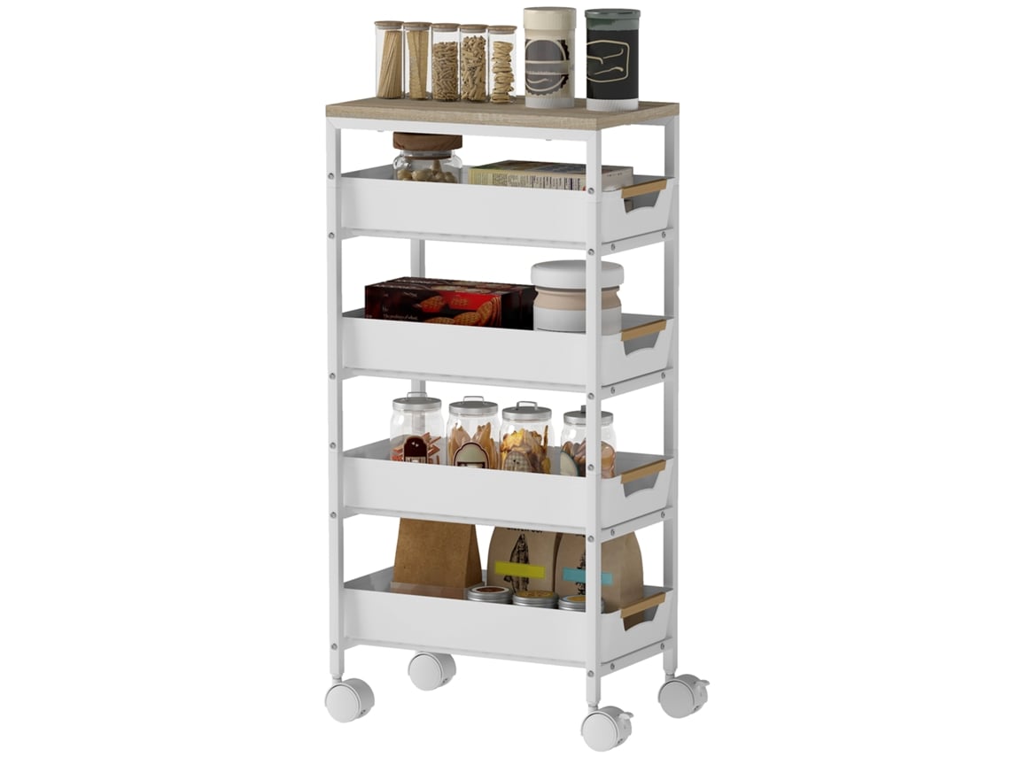 Carrito De Cocina, Carrito De Almacenamiento Rodante De 5 Niveles Con 4 Cajones Deslizantes, Estante De Almacenamiento, Blanco