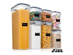 Un Juego De 7 Recipientes Herméticos Para Alimentos De Plástico Sin Bpa, Además De 10 Pegatinas Y Un Lápiz.