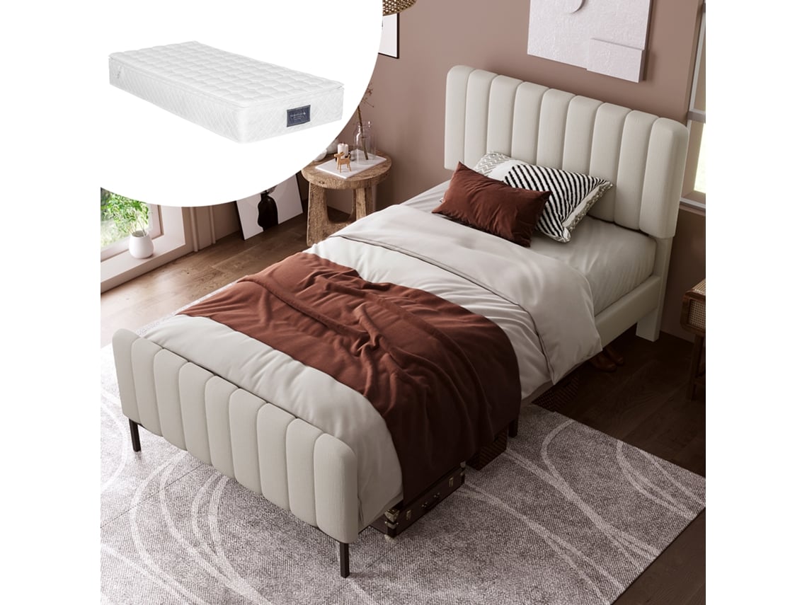Cama Individual De 90x200 Cm Con Cabecero Ajustable Y Colchón De Lino Gris-beige Incluido.