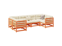 Conjunto de sofá de jardín de 6 piezas con cojines en pino macizo y cera marrón DKD Home Decor
