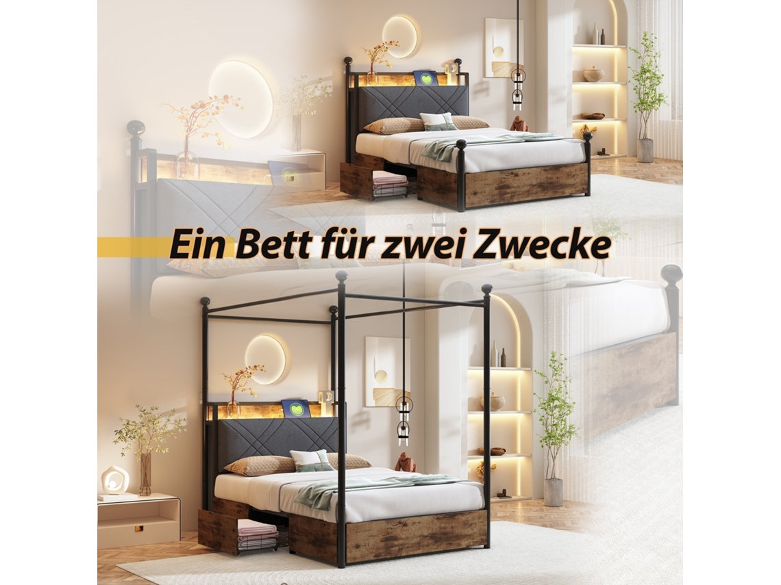 Cama 90x190cm, Dosel De Hierro Forjado Desmontable, Led, Usb-c, 2 Cajones, Almacenamiento Integrado, Capacidad 120kg, Sin Colchón, Negro