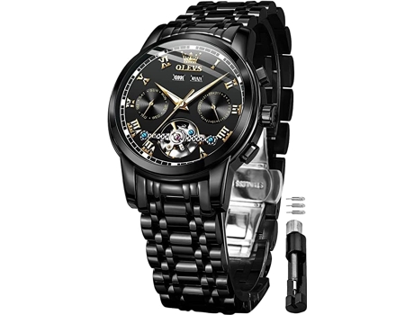 VEANXIN Reloj luminoso resistente al agua con calendario doble Tourbillon mecánico automático para hombre(negro)