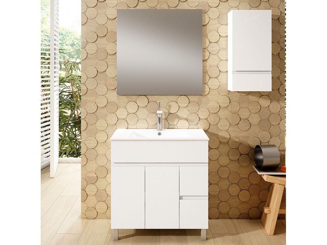 Mueble de baño con Lavabo, Espejo y Aplique LED URBAN 80x45 cm acabado Blanco brillo 2 cajones y 2 puertas
