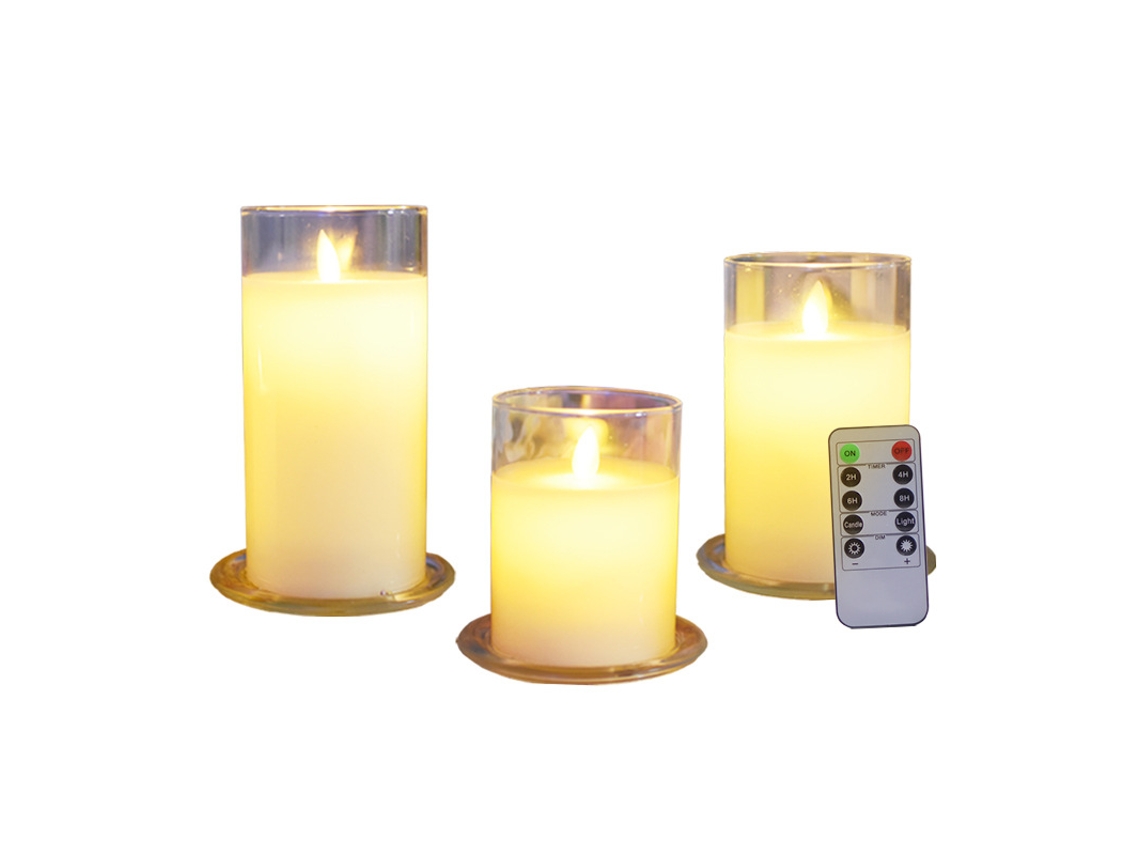 Velas LED de cristal gris/transparente a pilas (con mando a distancia), juego de regalo de velas sin llama.