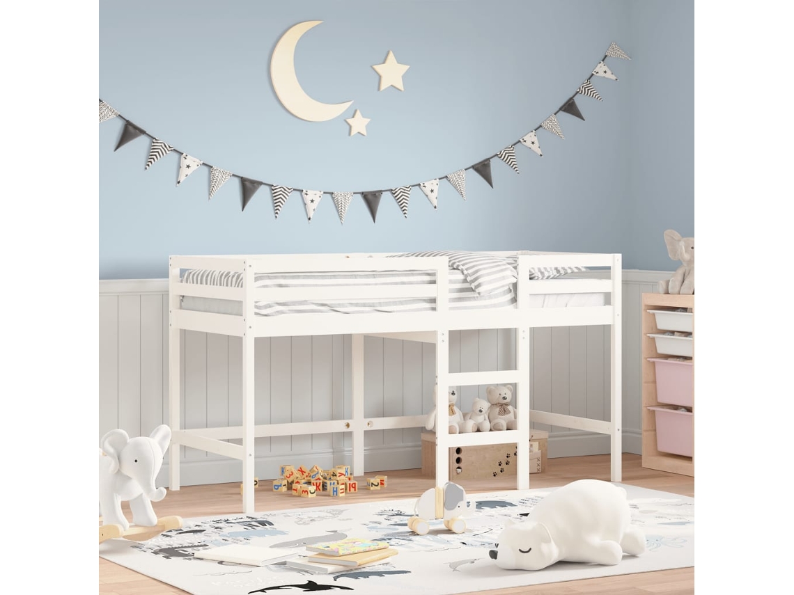 Cama Alta De Con Escalera Madera Maciza Blanca 90x200 Cm