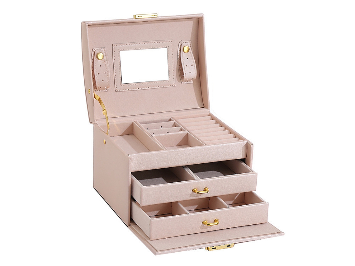 Organizador de joyería con espejo en piel sintética rosa (19x18x16cm) Kofihety