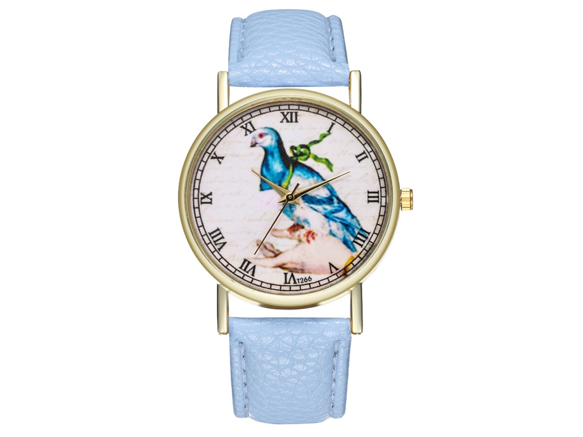 Reloj De Cuarzo Con Correa De Cuero, Estampado Clásico De Pájaros, Estilo Bandolera, Para Mujer, Azul Claro.