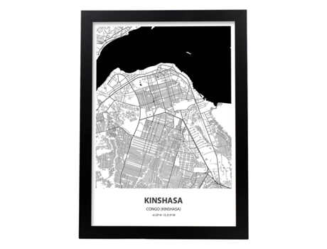 Póster NACNIC con Mapa de Kinshasa - Congo. Pósters de Ciudades de ÁFrica con Mares y RíOs En Color Negro.