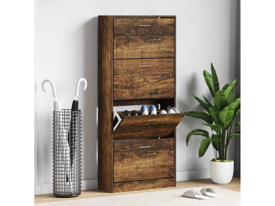 Mueble Zapatero | Armario Zapatero Madera Contrachapada Roble Ahumado 63x24x147 Cm