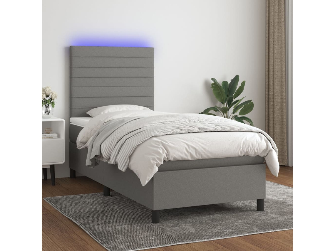 Cama Box Spring Colchón Y Luces Led Tela Gris Oscuro 80x200 Cm
