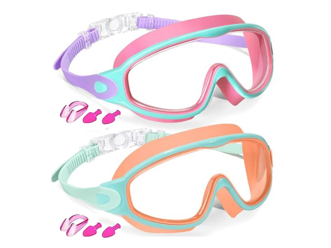 Gafas de natación antivaho 2100 versión infantil - Rosa-Verde Transparente + Naranja-Verde Transparente (Pinza nasal + Tapones para los oídos + Estuche)