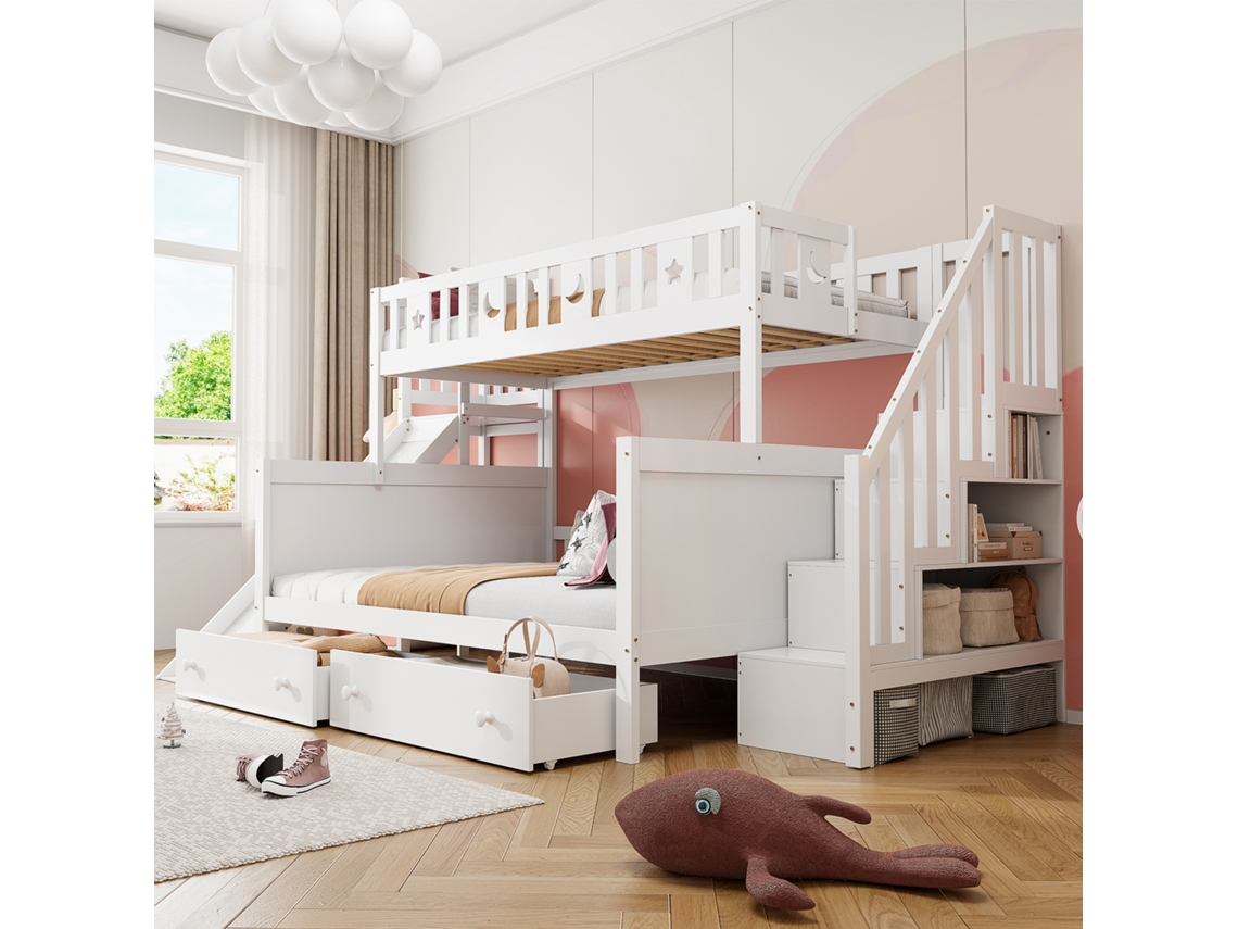 Litera infantil de 90x200/140x200 cm en madera maciza con tobogán, estante y 2 cajones, color blanco Mobrio