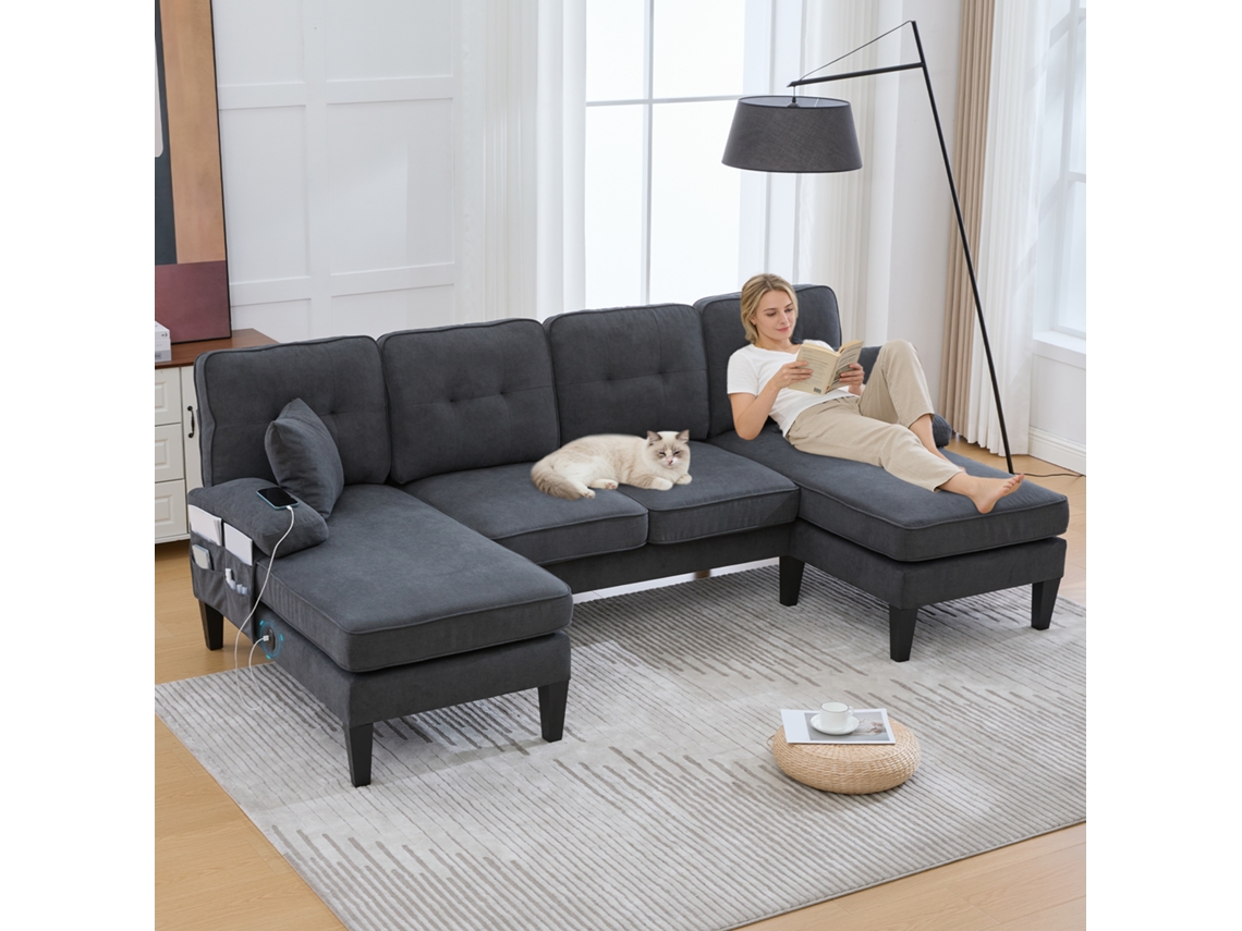 Sofá Em U 4 Lugares Linho Chaise Longue Cinza Escuro Sala Estar
