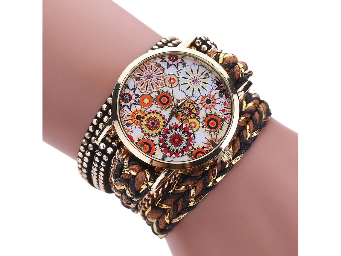Reloj De Pulsera De Cuarzo Para Mujer Con Esfera Floral, Tejido Multicapa, Color Marrón.