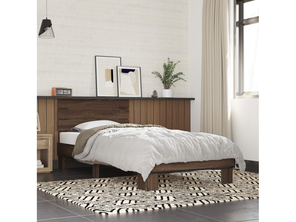 Estructura Cama Madera Ingeniería Metal Roble Marrón 90x200 Cm