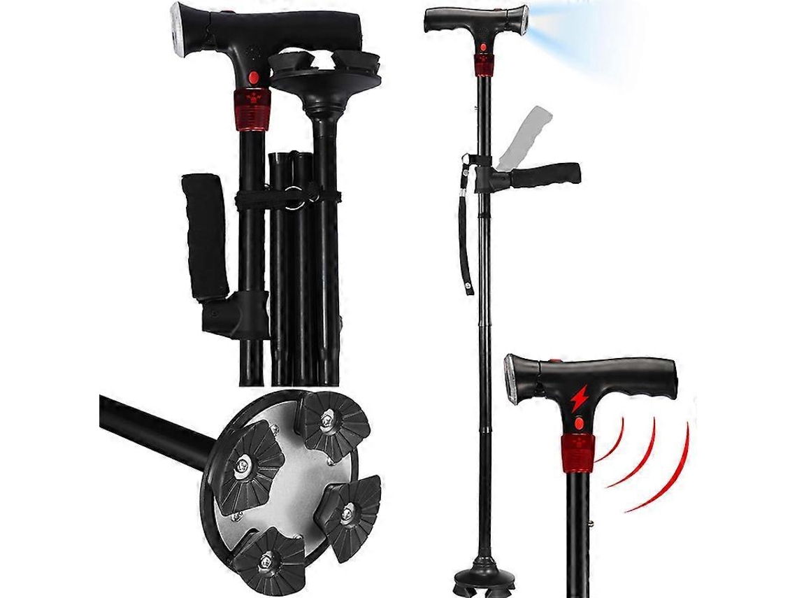 Bastón plegable con luz LED y alarma, bastón ajustable para mujer.