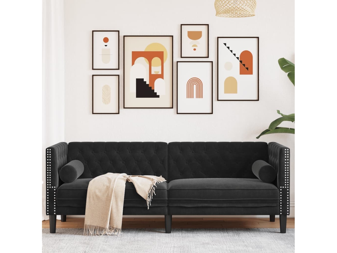 Sofá Chesterfield 3 Plazas | Sofá De Salón | Sofá De Descanso Con Cojines Terciopelo Negro