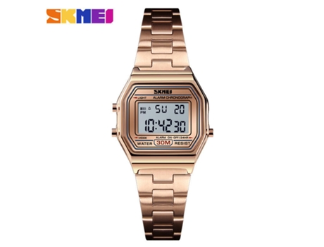 Reloj deportivo digital Reloj de pulsera con luz trasera LED cuadrado de acero inoxidable resistente al agua para mujer-oro rosa LUUCOZK