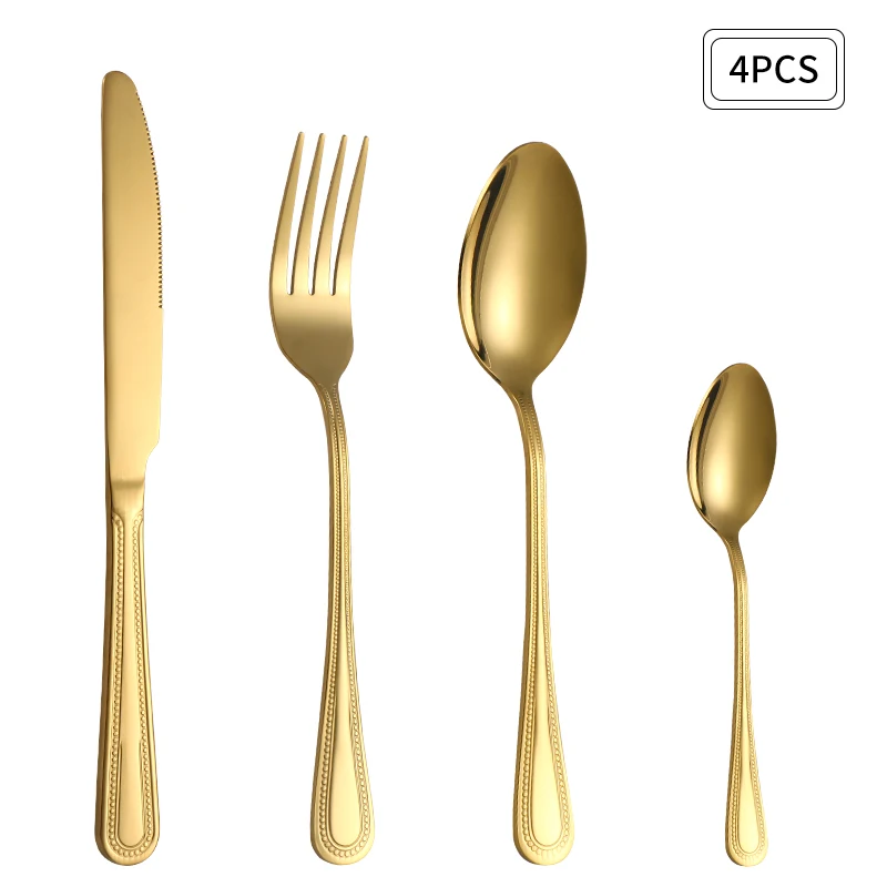 Juego De Cubiertos De Acero Inoxidable Dorado (4 Piezas), Que Incluye Cuchillo, Tenedor, Cuchara Y Cuchillo Y Tenedor Para Carne.