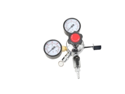Regulador de CO2, acero inoxidable, manómetros dobles, compatibilidad con W21.8, válvula de seguridad, presión ajustable.