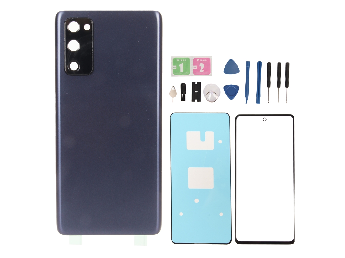 Cubierta trasera de cristal y lente de pantalla frontal con marco de cámara preinstalado para Galaxy Fe 5g G781 Azul