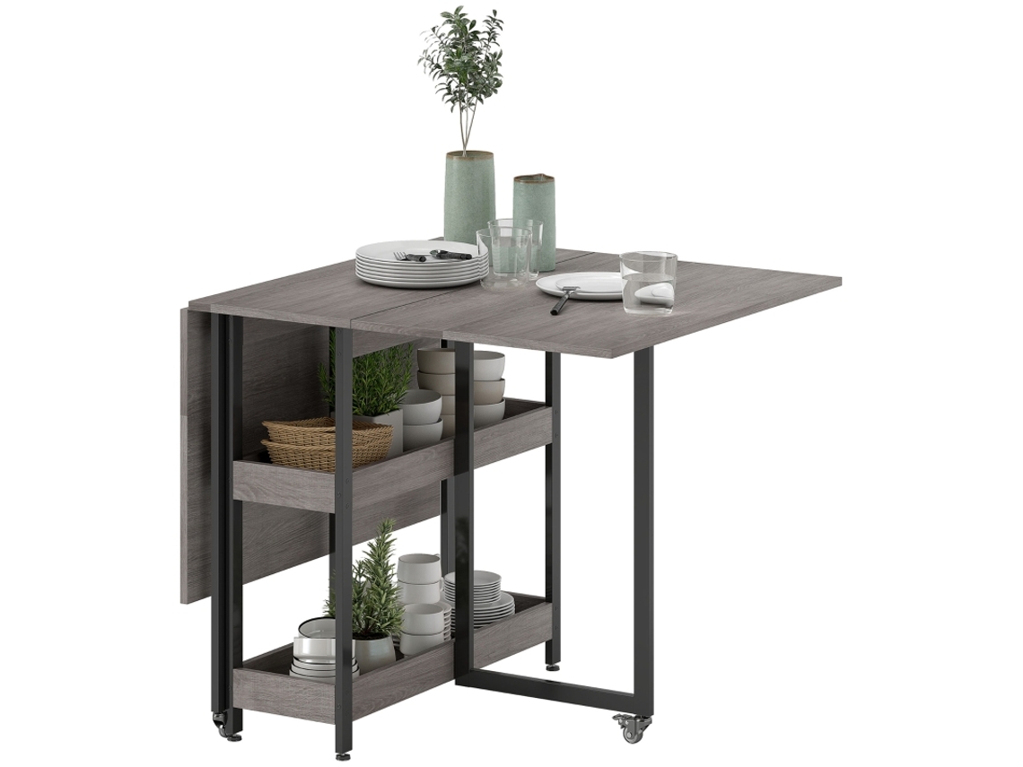 Mesa plegable para 2-4 personas con estantes, color gris.