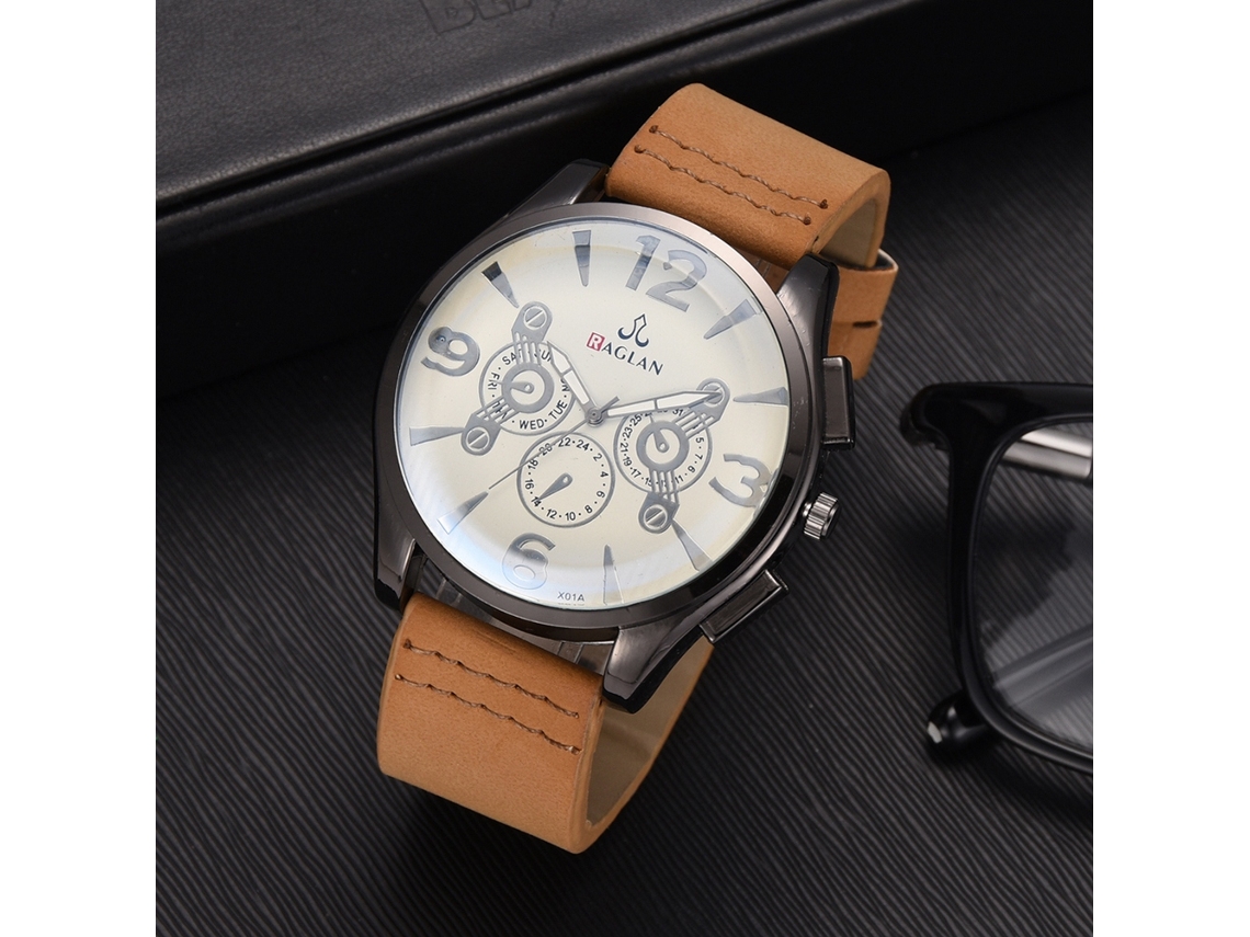Reloj De Pulsera Casual Para Hombre Con Correa De Pu, Dial Redondo Con Números Grandes, Cuarzo (café)