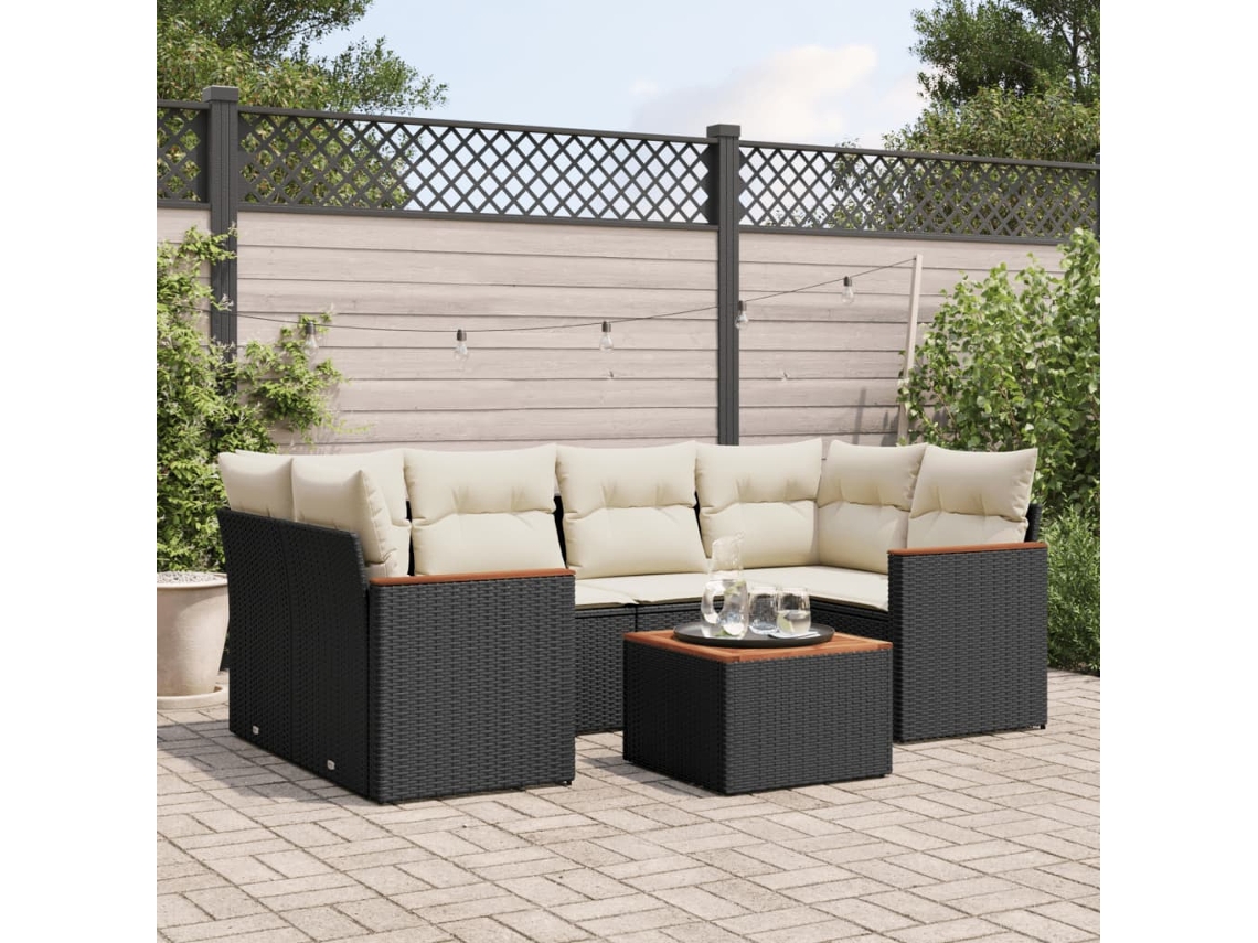 Conjunto de sofá de jardín de 7 piezas con cojines, ratán negro, Dkd Home Decor