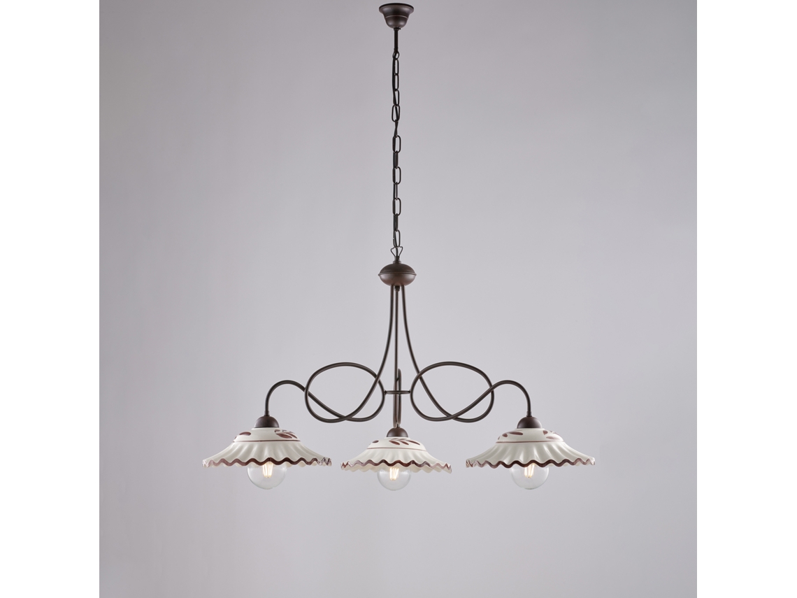 Lámpara de araña Bistro en hierro negro y efecto óxido Deco con difusores de cerámica D. 30 luces blancas y marrones decoradas a mano Belight
