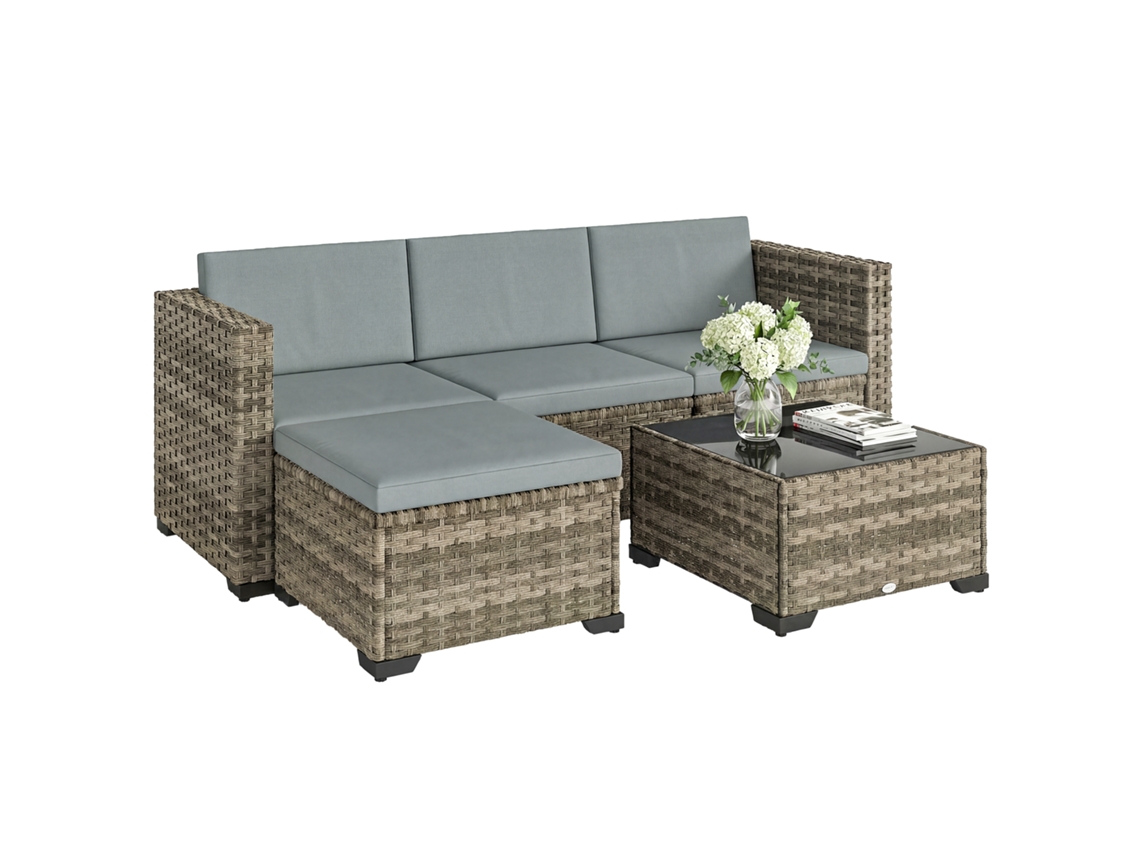 Conjunto De Muebles De Ratán Para Sala De Estar De Jardín, Mesa Esquinera De 5 Piezas.
