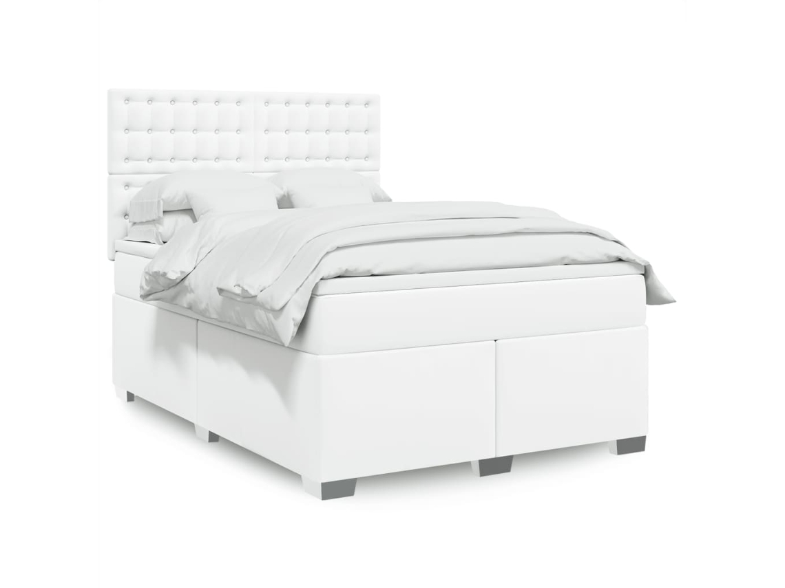 Cama Box Spring Con Colchón Cuero Sintético Blanco 140x200cm