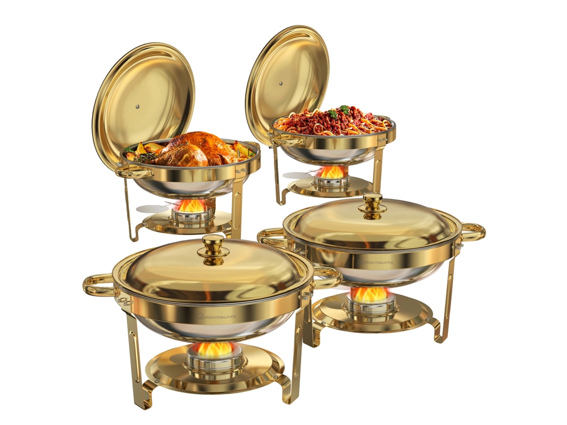 Calentador de alimentos de acero inoxidable con elegante diseño chapado en oro, paquete de 4 unidades.