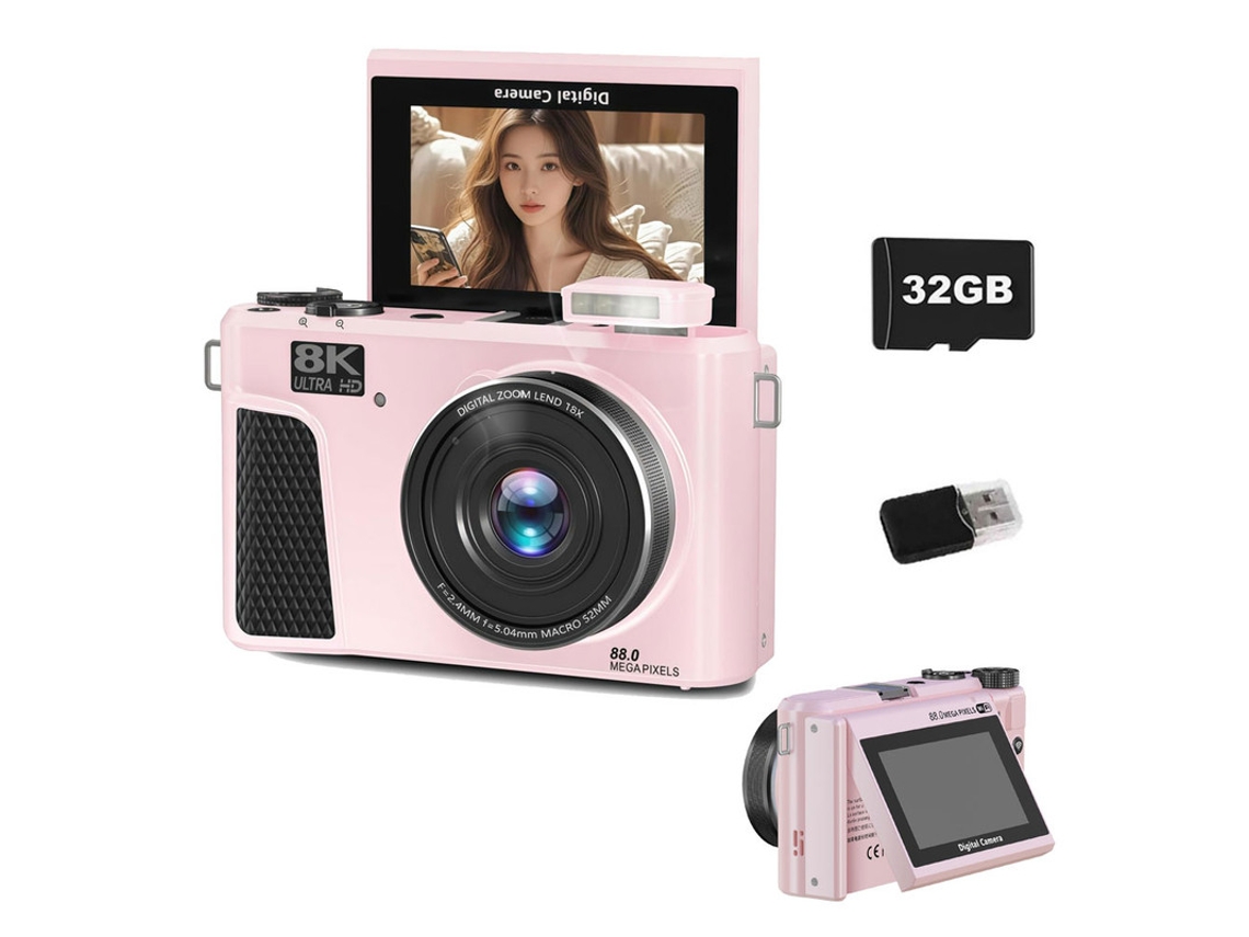 Cámara digital WD3 SZSmart 8K de 88 MP con enfoque automático, función de vlog, wifi, pantalla de 3" abatible 180° y zoom de 18x para YouTube - 32 GB - Rosa