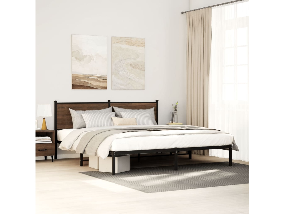 Estructura De Cama Sin Colchón Metal Roble Marrón 200x200 Cm