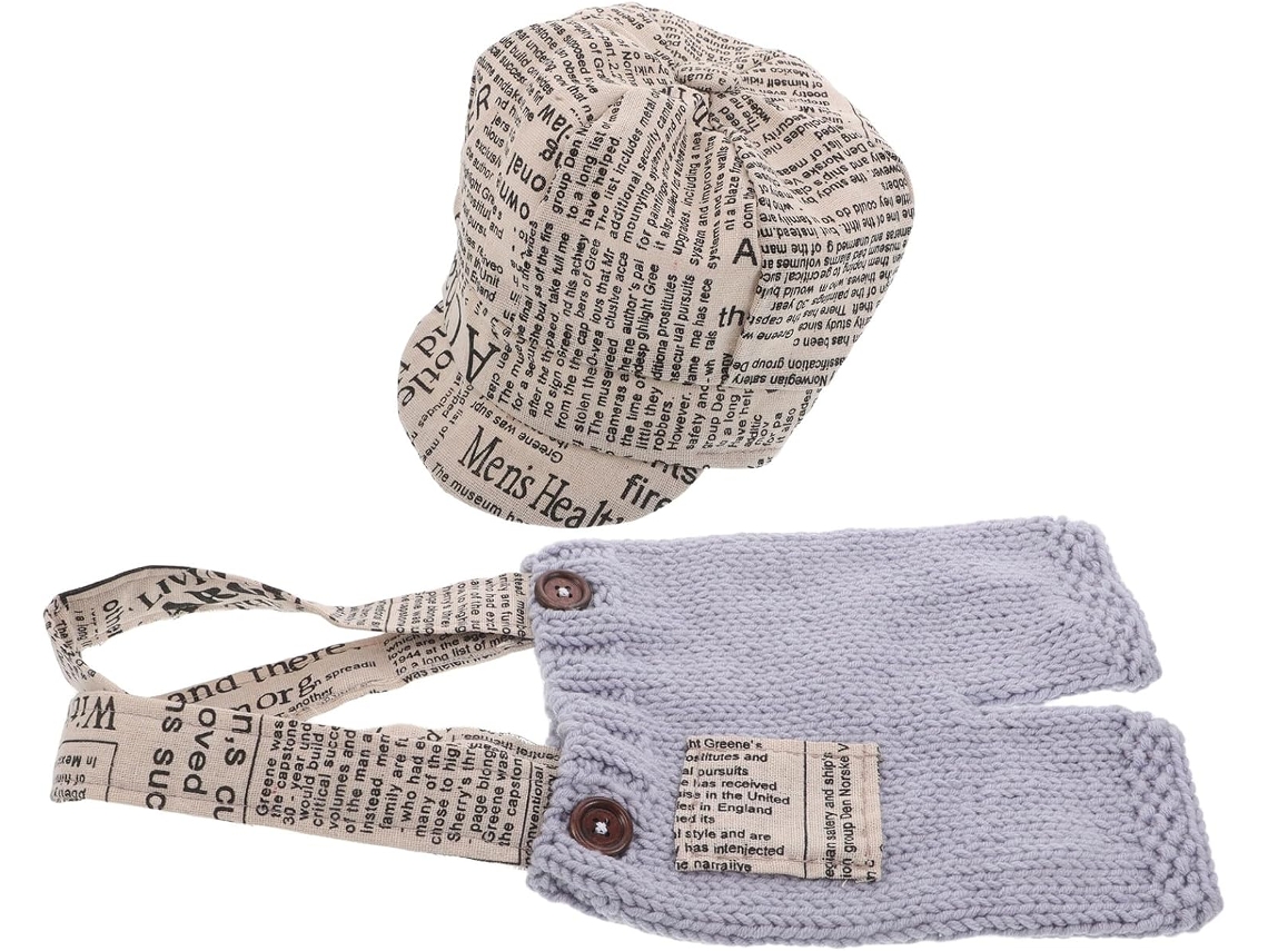De Punto Para Recién Nacido Niño: Pelele Con Tirantes Y Boina Con Estampado De Periódico - S Para Fotos