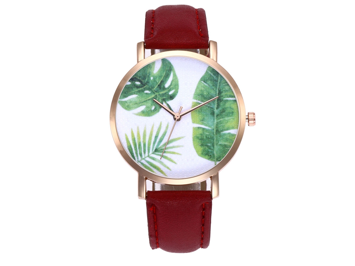 Reloj De Cuarzo De Cuero Pu Fashion Con Dial De Hojas Simple Unisex (rojo)
