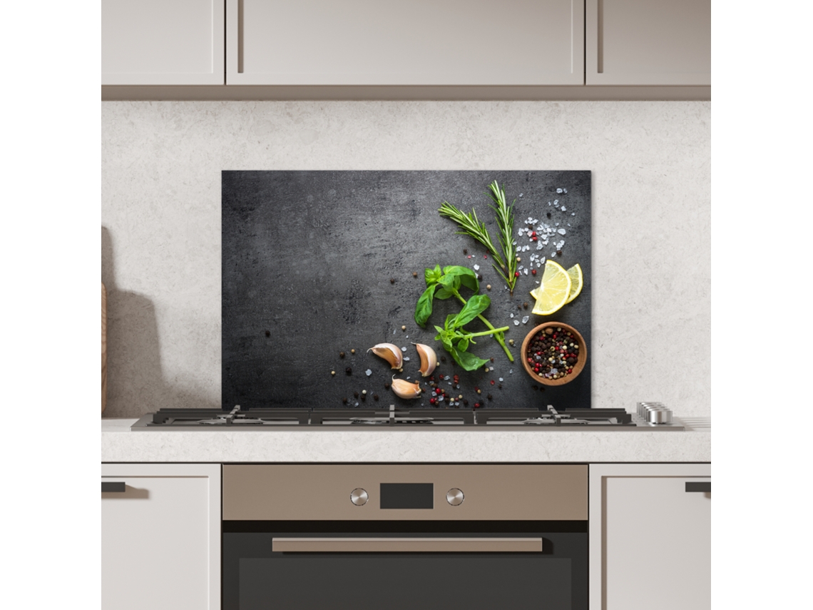 Panel Antisalpicaduras Cocina Lima - Hierbas - Especias - Verde - Gris - Hormigón 70x50 Cm