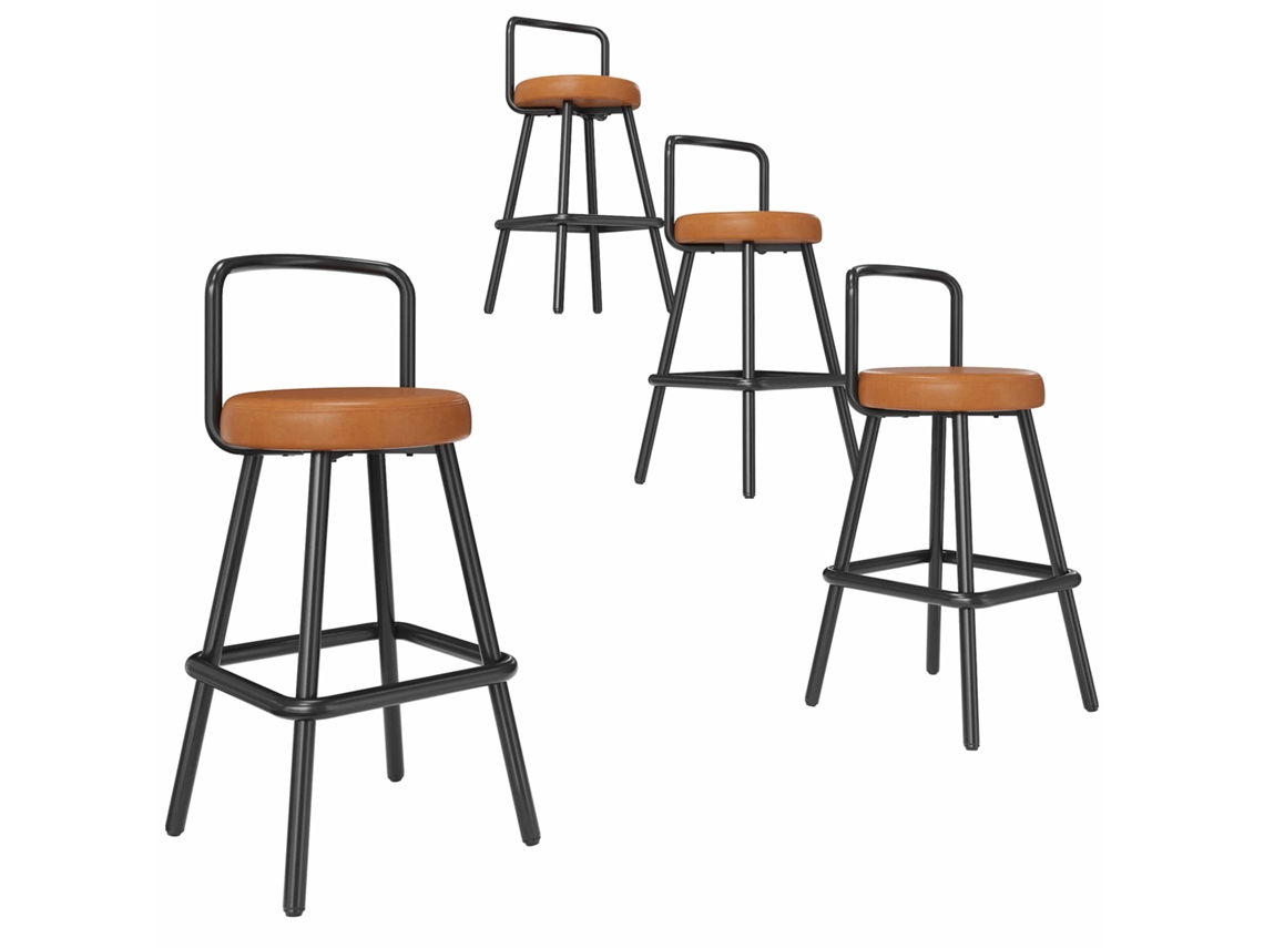 Taburete De Bar 4 Unidades - Ergonómico, Pu Resistente Al Agua, Patas De Hierro, Con Respaldo Y Reposapiés - Marrón