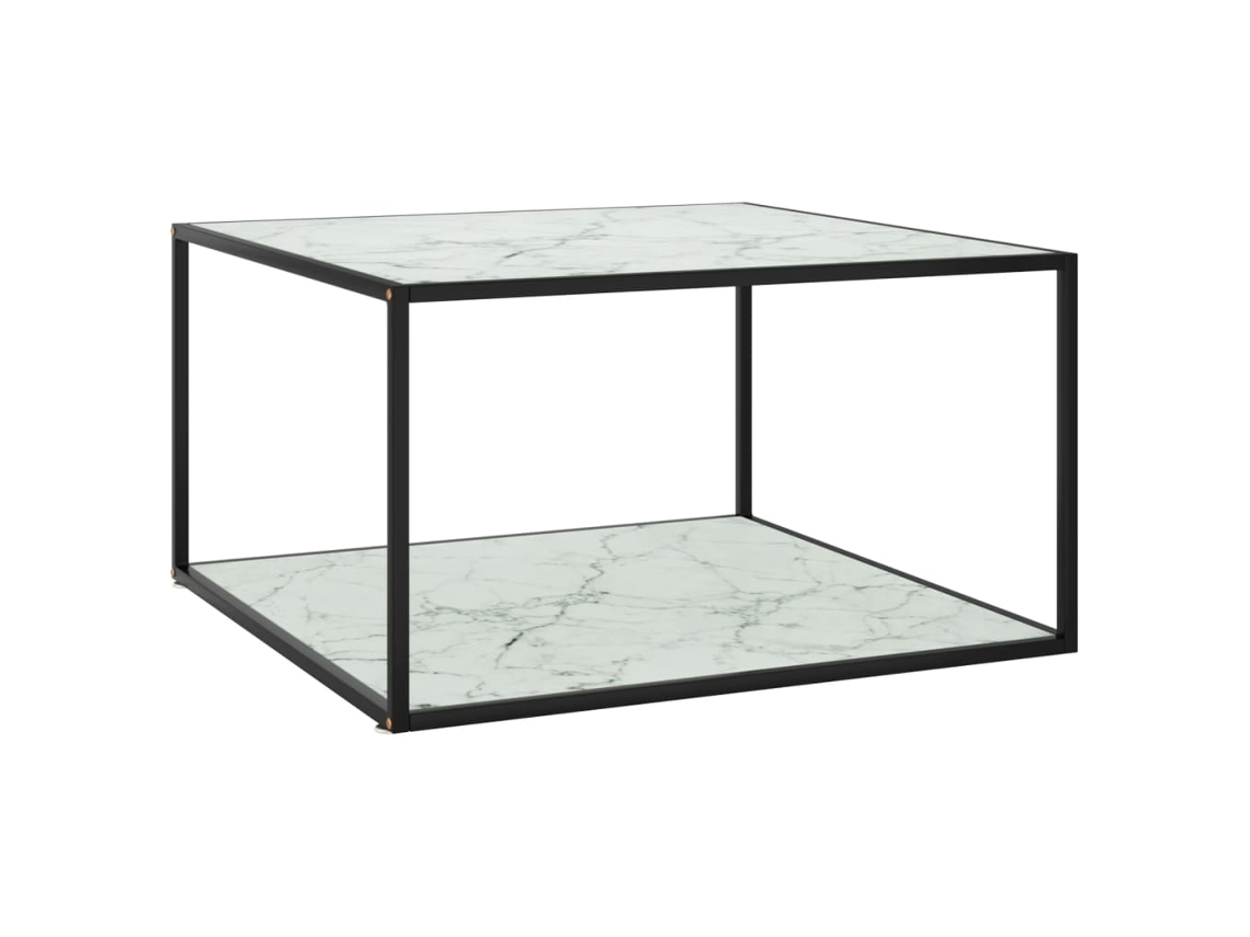 Mesa de Centro de Apoyo 90X90X50 Cm Negro con Vidrio Marmolado Blanco