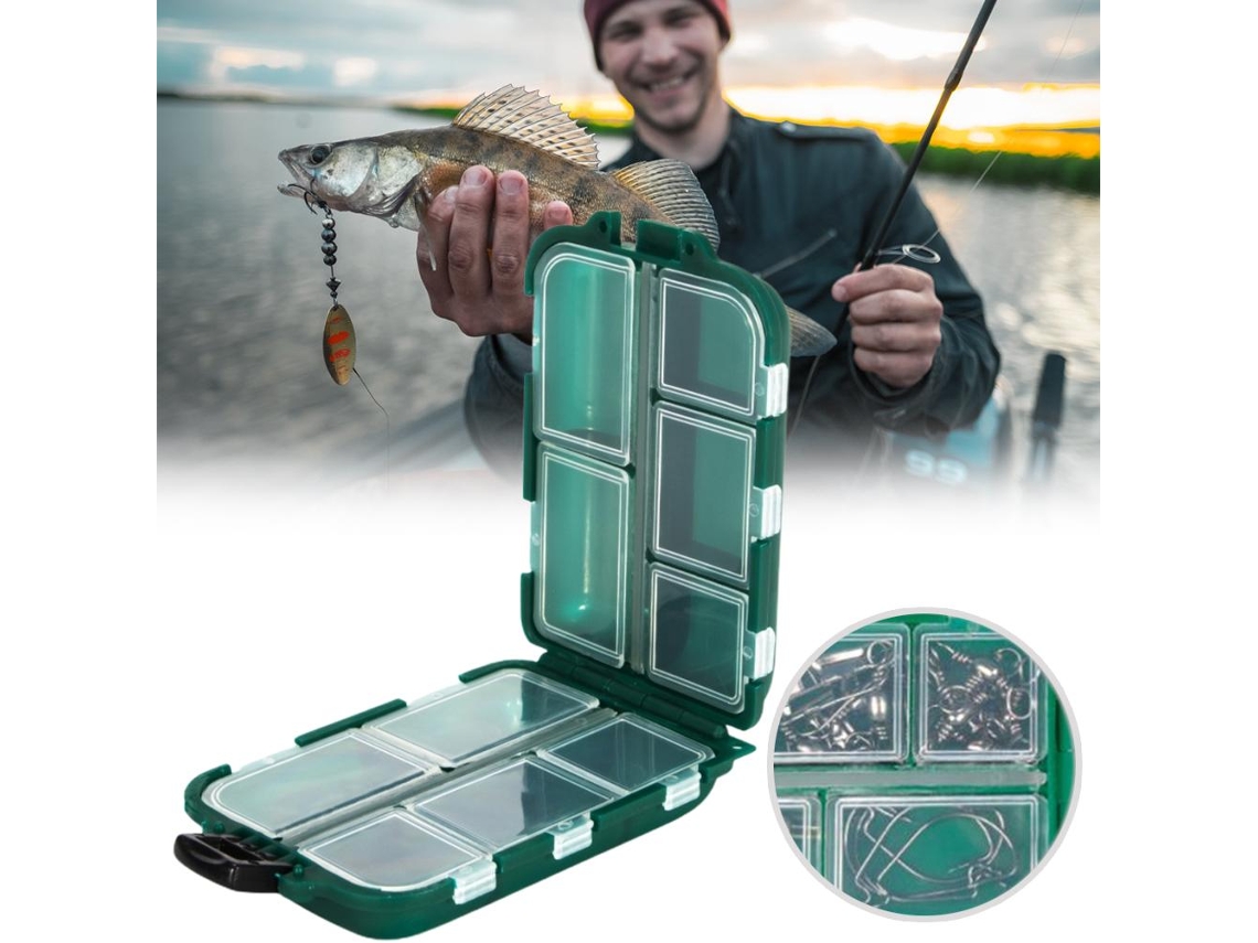 Caja portátil de plástico para aparejos de pesca marina con accesorios.