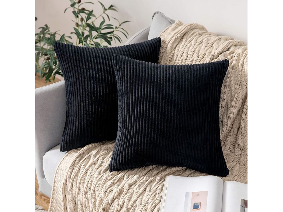Rebe-2 Fundas De Almohada Cuadrada De Alfombra De Pana Rayada Negra Suave 45x45cm Para Sofá Dormitorio Decoración 2 Piezas Negras