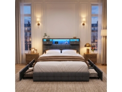 Cama De Matrimonio 160x200 Cm Con 4 Grandes Cajones, Cama Baúl Con Iluminación Led Y Puertos Usb, Cabecero Con Almacenamiento, Terciopelo Gris