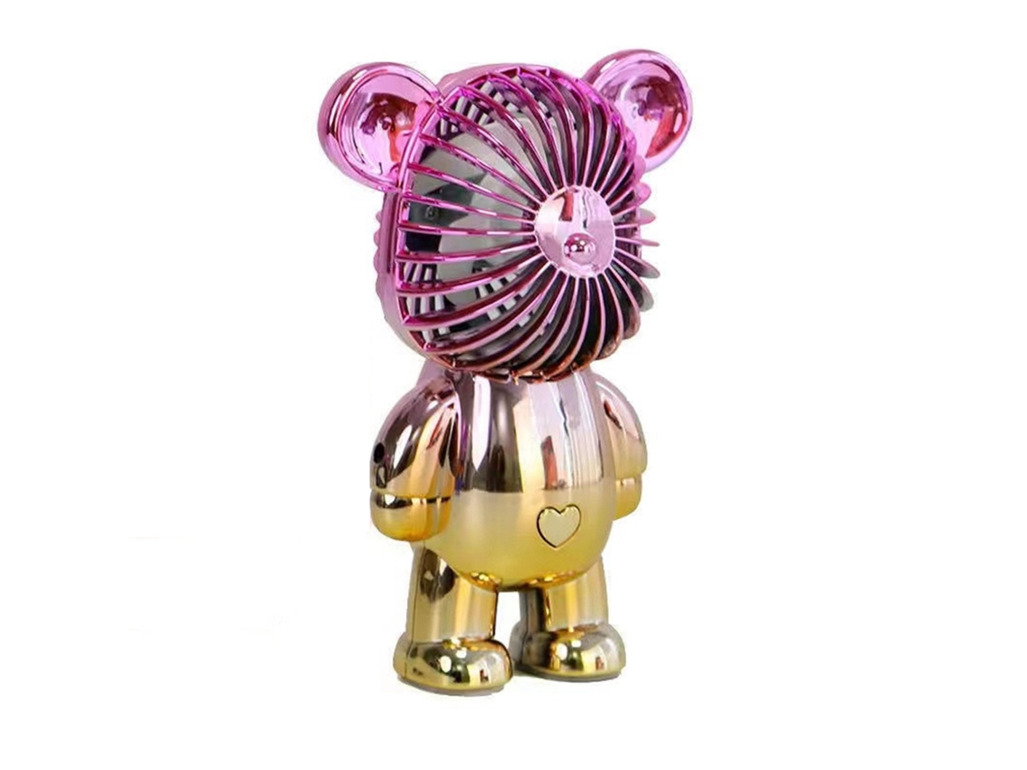 Ventilador portátil recargable por USB, diseño de oso rojo y dorado.