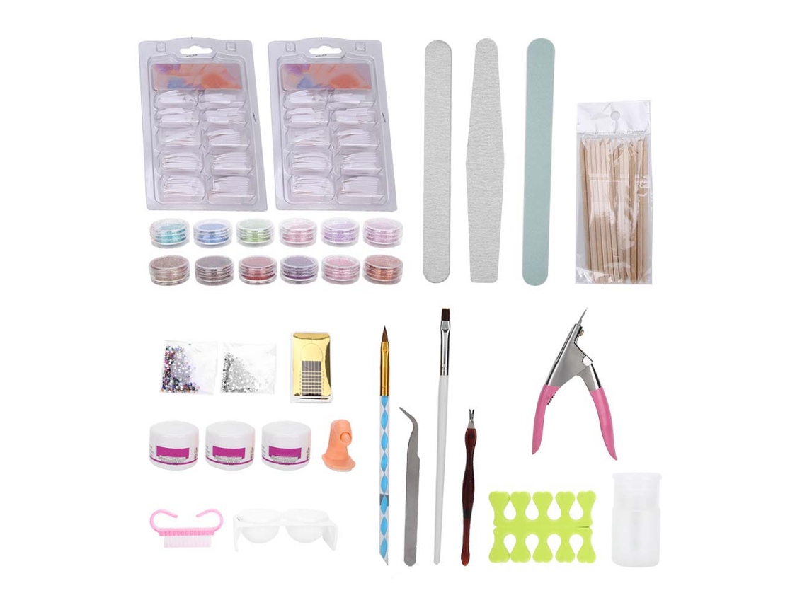 Kit de manicura con purpurina, puntas y pincel para decoración de uñas en salones de belleza.