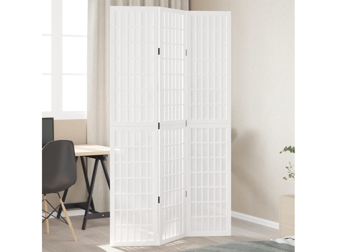 Separador de ambientes | Biombo de privacidad con 3 paneles, madera maciza de paulownia blanca.