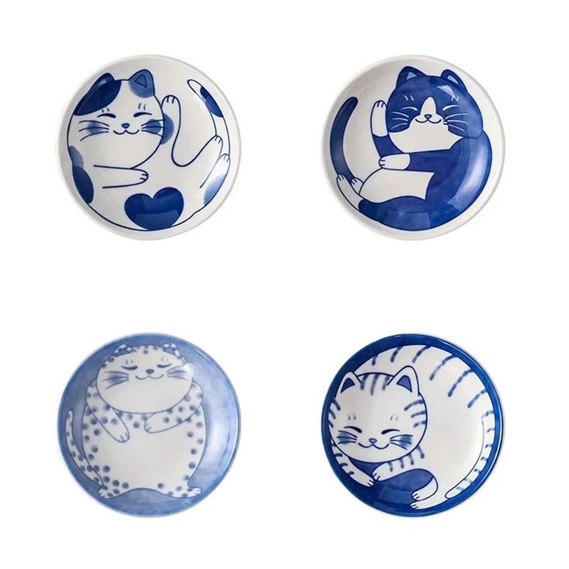 Juego de 4 platos de cerámica japonesa con un adorable y creativo diseño de gato de la suerte. Mdug (juego de cuatro piezas).