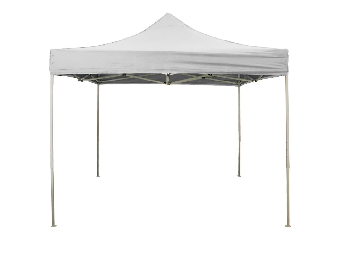 Cenador plegable blanco de 2 x 2 con revestimiento de PVC impermeable.