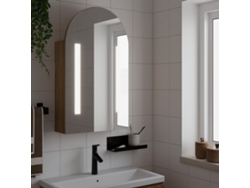 Armario de baño arqueado con espejo e iluminación LED, color roble.