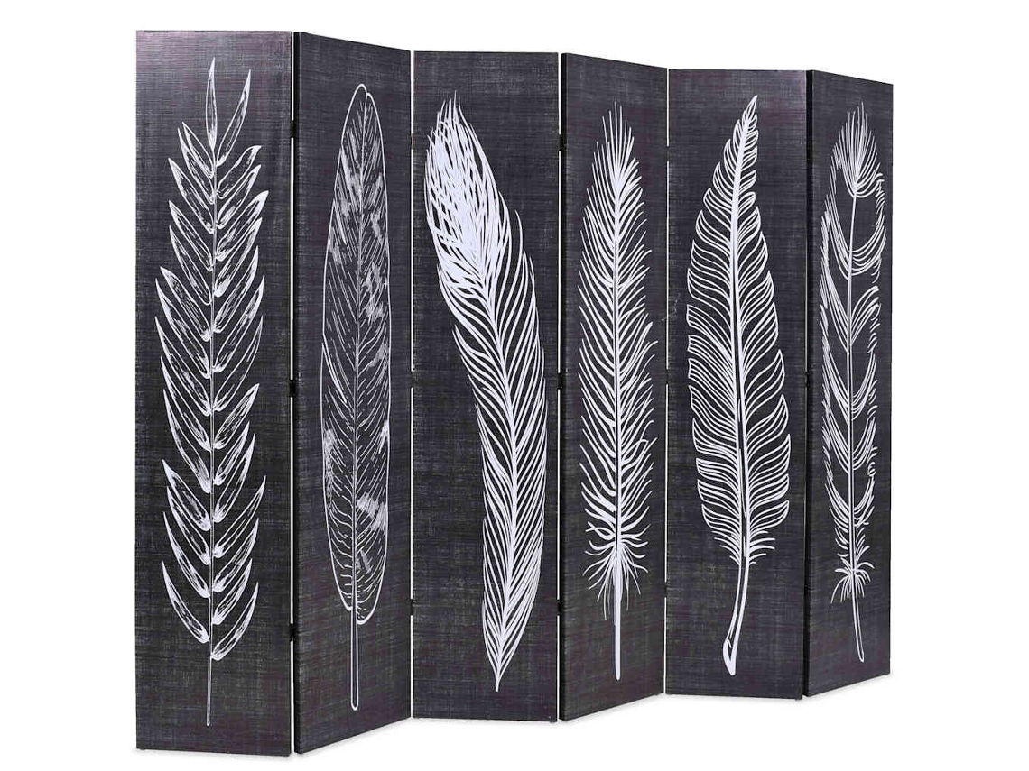 Biombo plegable | Separador de ambientes | Biombo con estampado de plumas 228x170 cm Blanco y negro