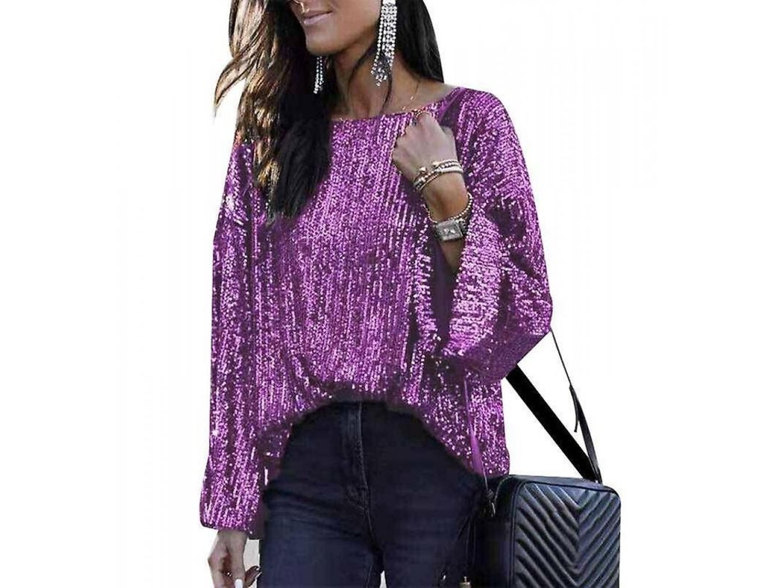2026-camiseta De Manga Larga Con Cuello Redondo Suelta Para Mujer Con Lentejuelas Y Perlas Oqc Xl Morado